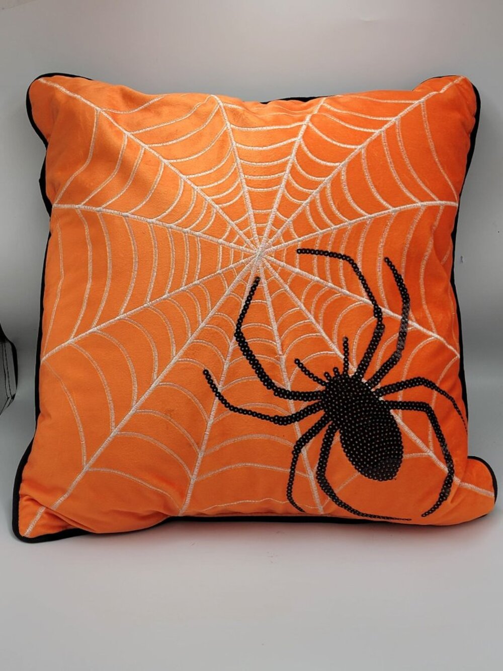 Spiderweb Decorative Halloween Pillow With Sequined Spider Design In Orange & Bl